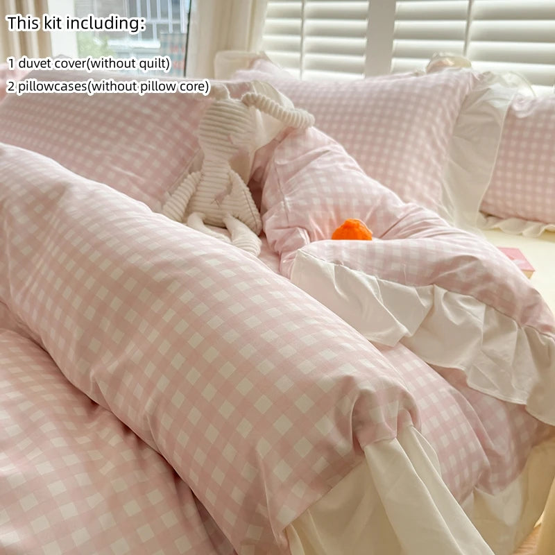 Pink Checkered Lace Duvet Cover Set (3 Pieces)