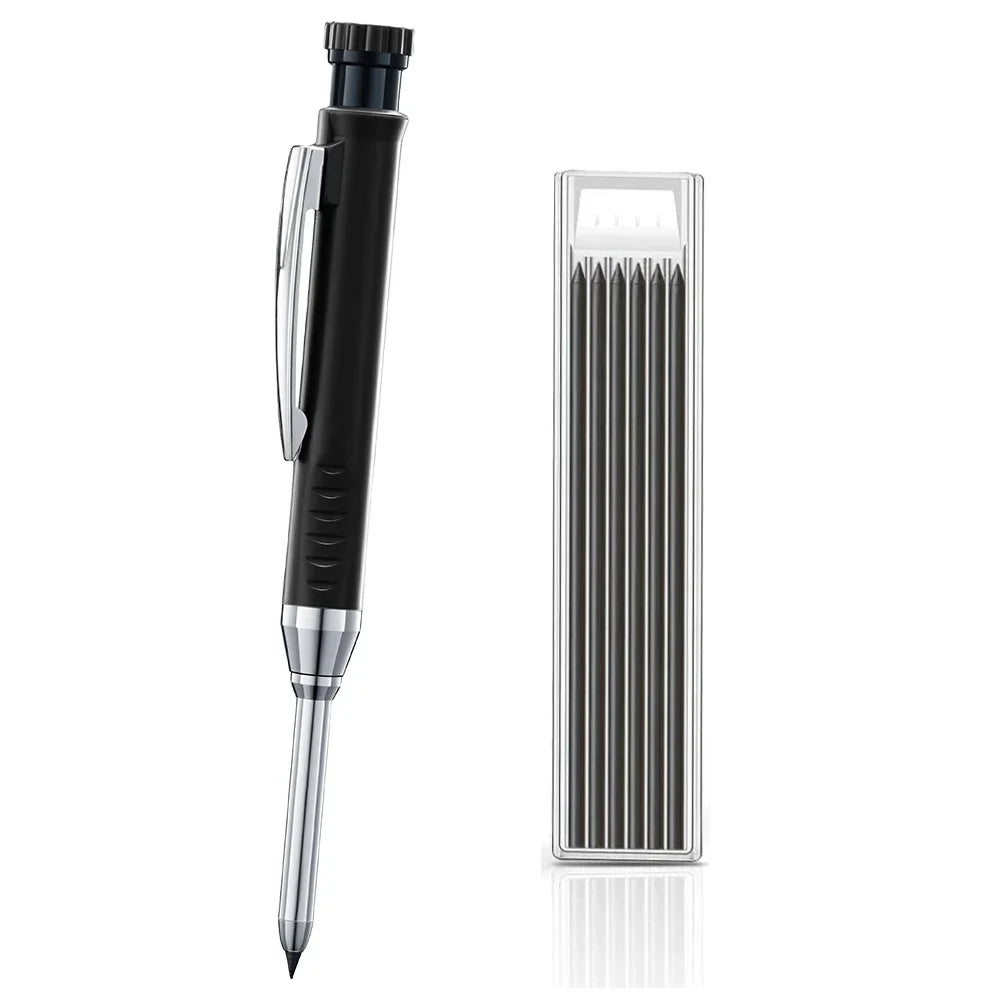 A black solid wood carpenter's mechanical pencil shown vertically.