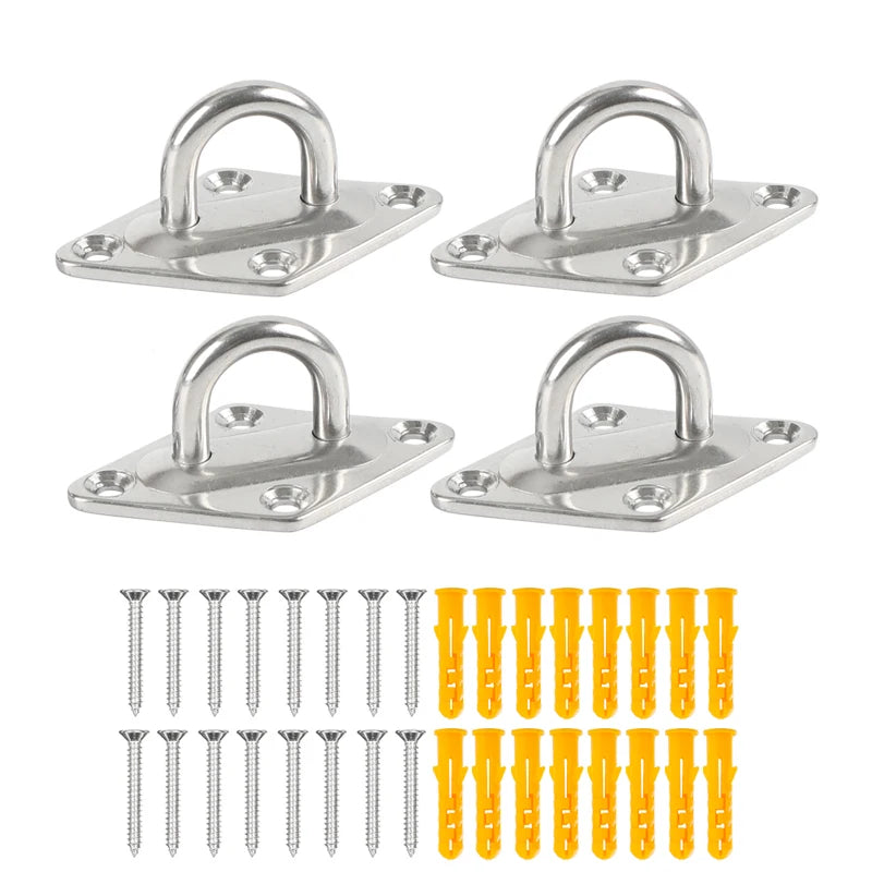 Stainless steel U-shaped hooks with mounting hardware and various sizes of screws