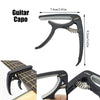 A black guitar capo is shown with its dimensions and usage on a guitar neck.