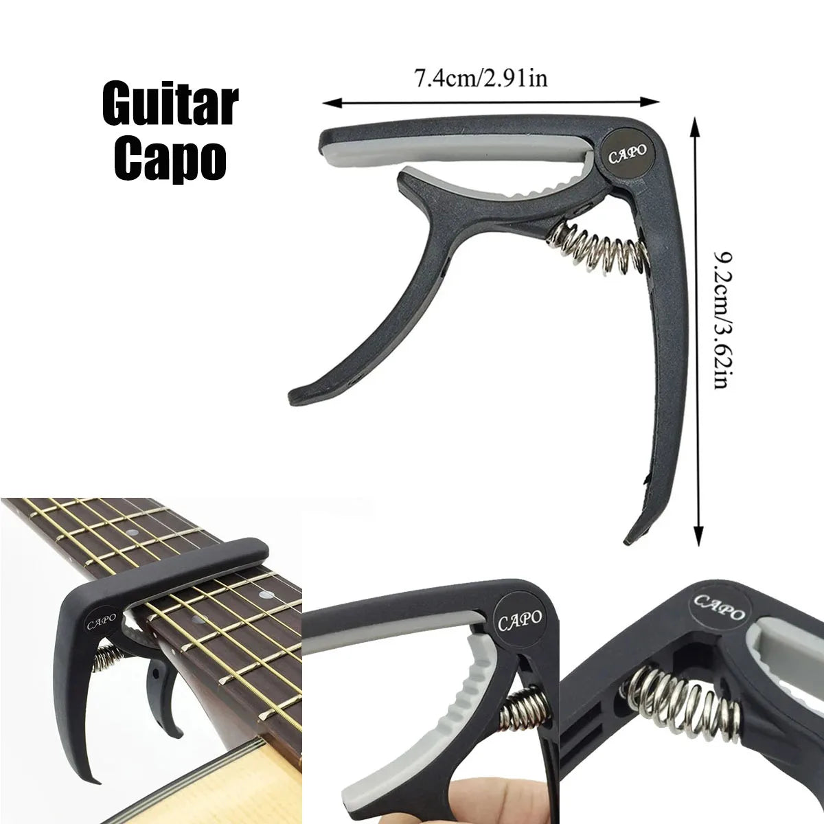 A black guitar capo is shown with its dimensions and usage on a guitar neck.