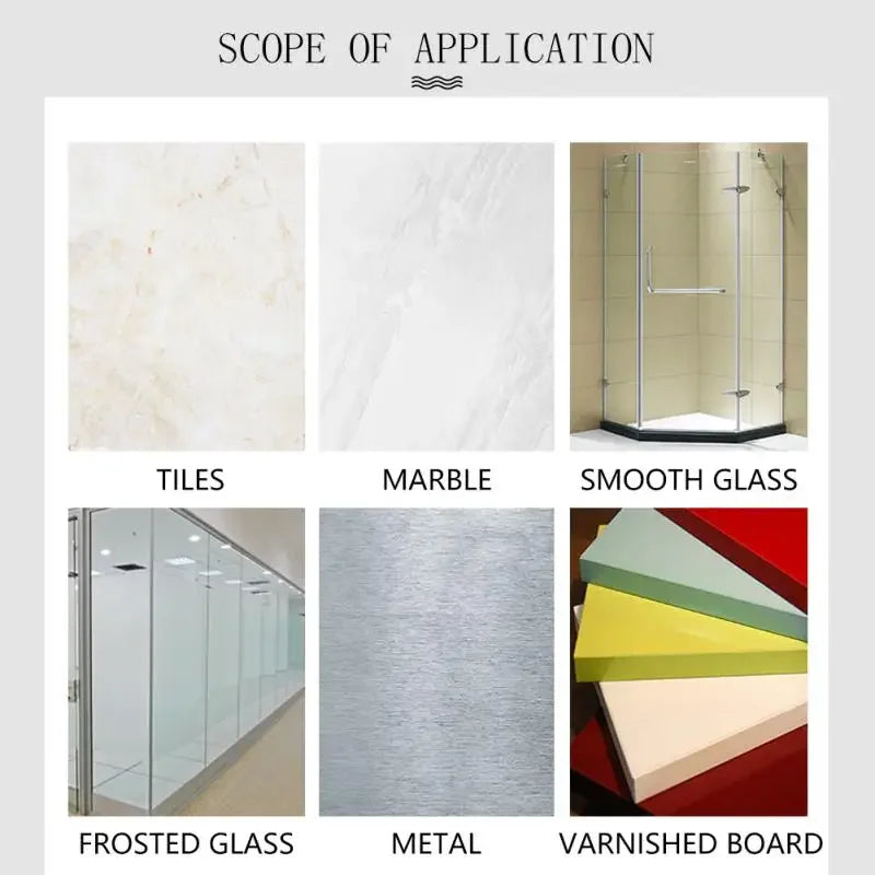 A display showing various materials including tiles, marble, smooth glass, frosted glass, metal, and varnished board.