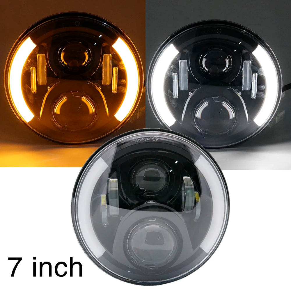 A set of three 7-inch motorcycle LED headlights showing different views and angles.