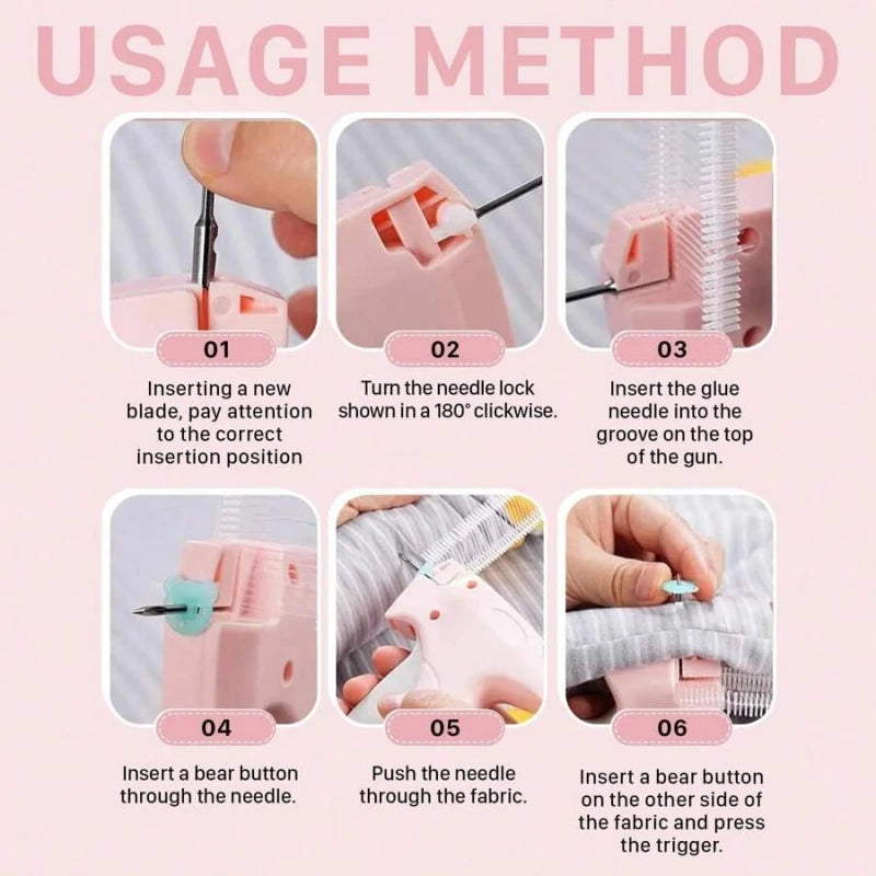 Step-by-step guide showing how to use a handheld stitch gun for clothing repairs