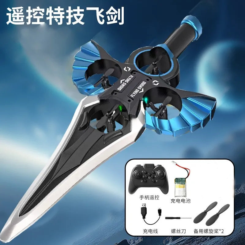 A silver RC Flying Sword model with a black handle and blue blades is shown against a blue sky background, next to its batter