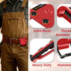 Red heavy-duty belt hammer holder and hammer loop tool shown next to a person wearing brown overalls
