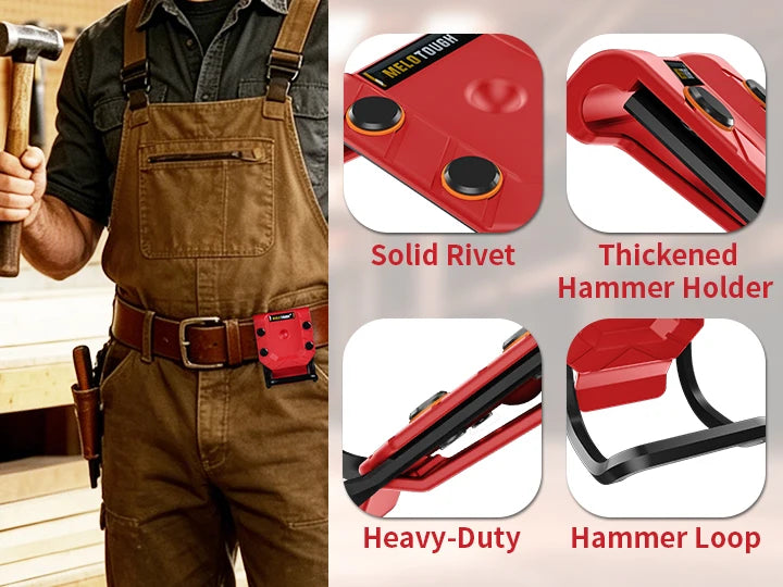 Red heavy-duty belt hammer holder and hammer loop tool shown next to a person wearing brown overalls
