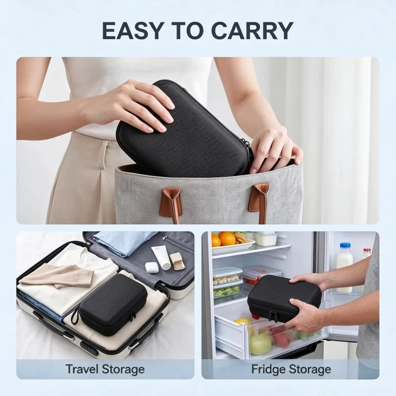 A black portable EVA hard case is shown being carried in a tote bag and stored in a refrigerator.