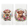A set of two kitchen towels featuring watercolor illustrations of cute Highland cows surrounded by flowers.