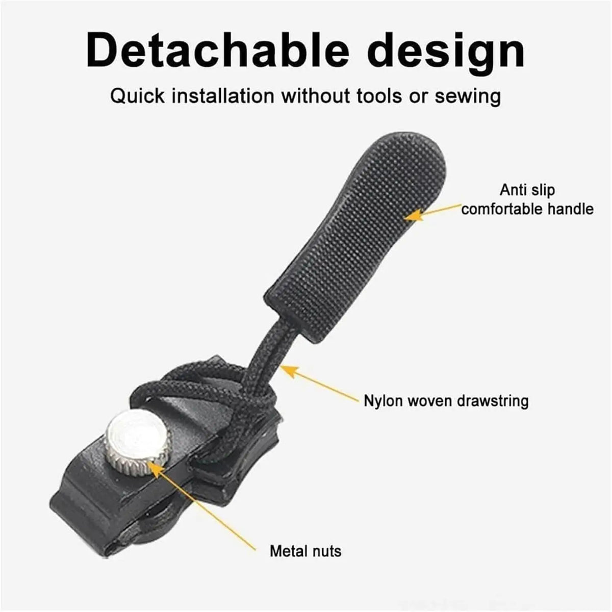 Close-up view of a black detachable zipper slider kit showing nylon drawstring and metal nuts