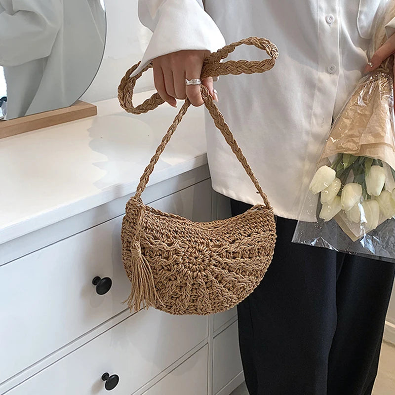 Handwoven Straw Semicircle Crossbody Bag with Tassel