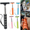 A set of telescopic window cleaning squeegees in black, orange, blue, pink, and green colors shown next to a car window.