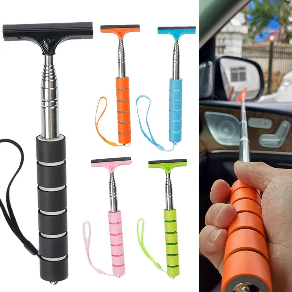 A set of telescopic window cleaning squeegees in black, orange, blue, pink, and green colors shown next to a car window.