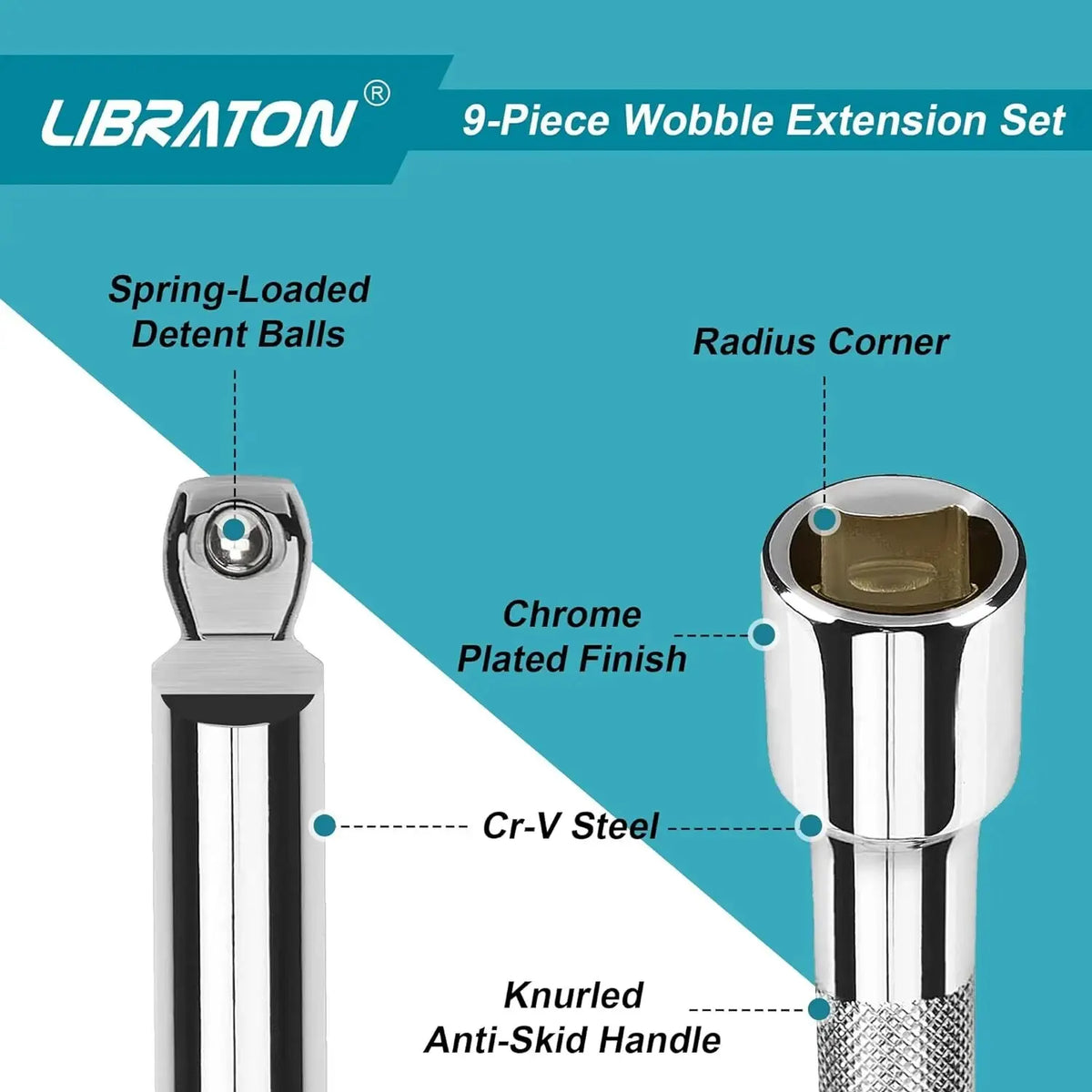 A set of nine spring-loaded detent balls and a chrome-plated extension tool with a knurled anti-skid handle.