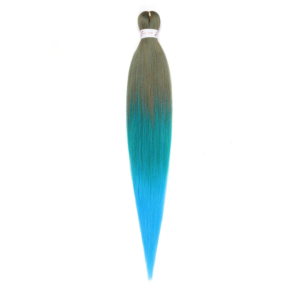 Bündel vorgefertigter Ombré-Flechtfrisuren-Extensions in Grau und leuchtendem Blau.