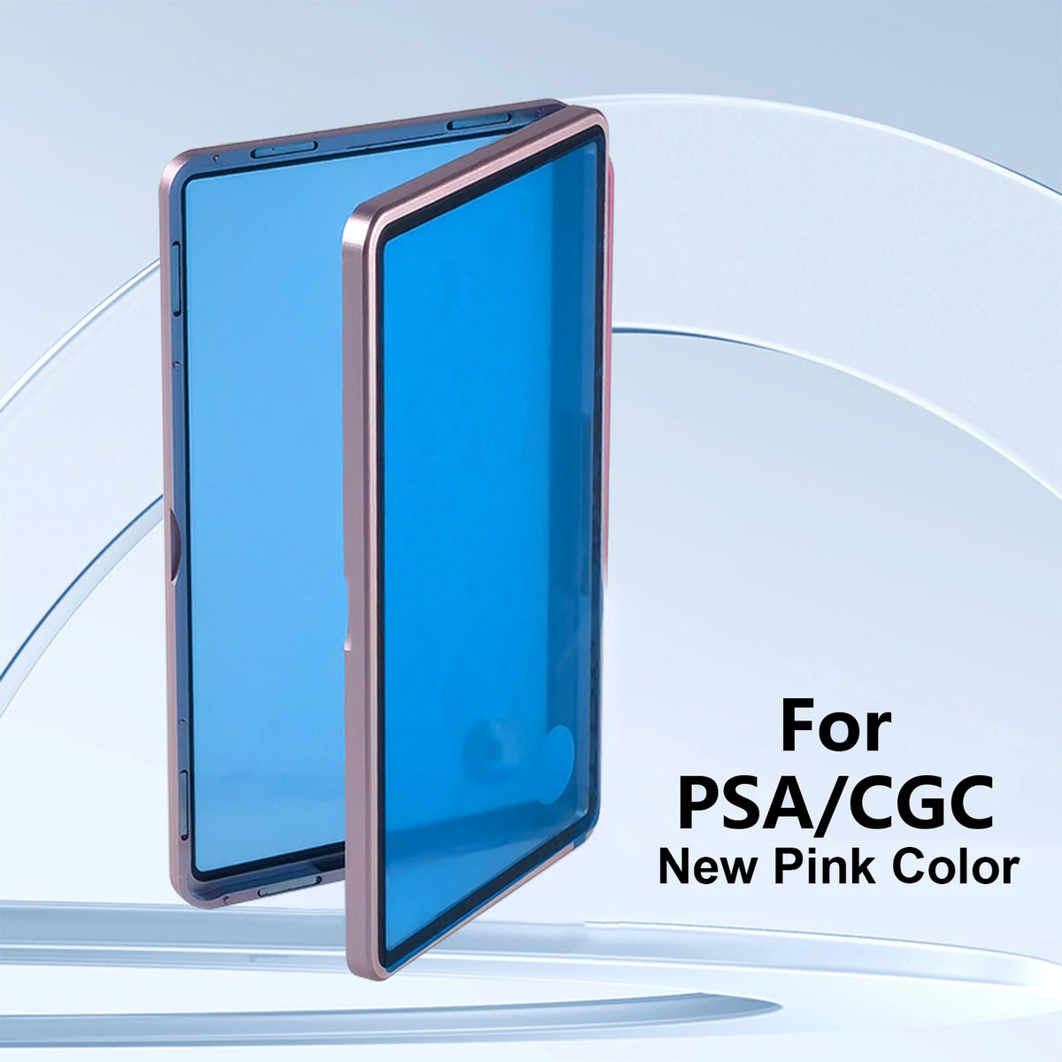 A new pink colored trading card protective display case shown in a side view against a light blue background.