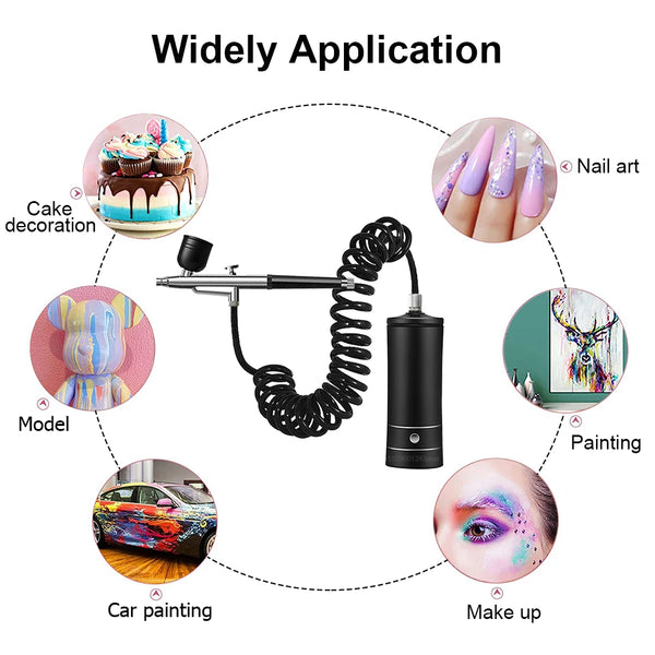 A portable rechargeable nail airbrush kit demonstrating various applications including cake decoration, model painting, car p