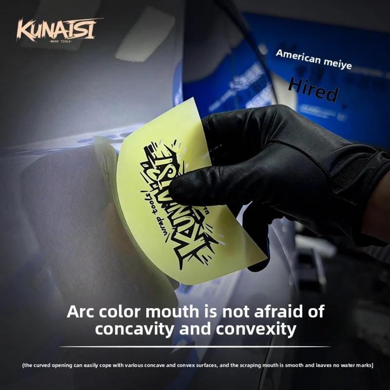 A hand is using a TPU car wrap film squeegee to demonstrate the product's ability to handle concavity and convexity.