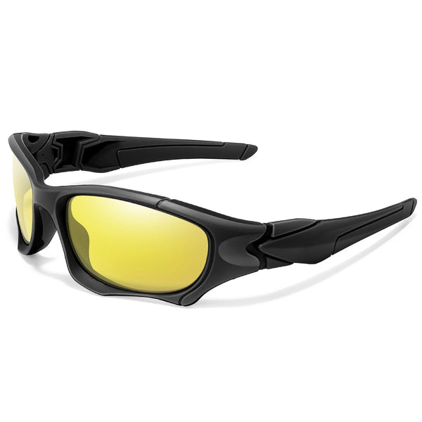 Black sunglasses with yellow tinted lenses and black frames shown against a white background.