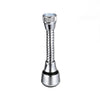 A silver kitchen faucet adapter with a threaded body and a polished base.