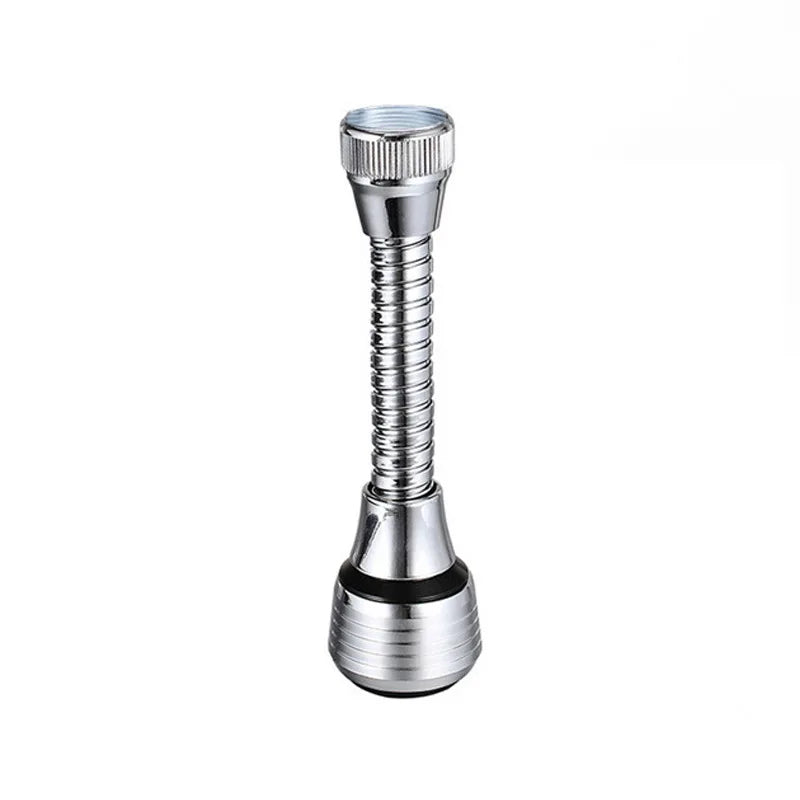 A silver kitchen faucet adapter with a threaded body and a polished base.