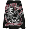 Black waterproof hair cutting cape featuring a barber shop design with text to be inserted.