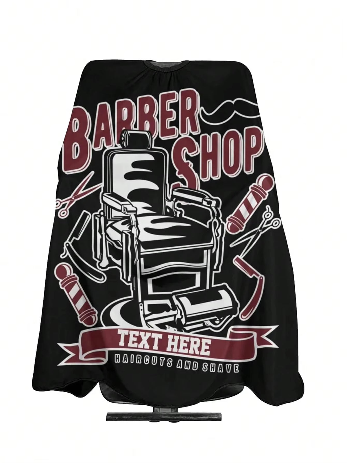 Black waterproof hair cutting cape featuring a barber shop design with text to be inserted.