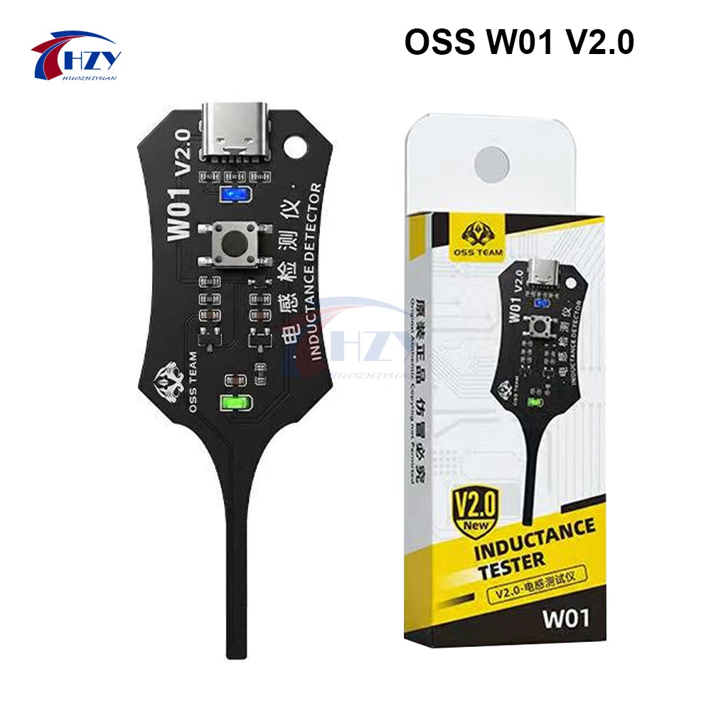 A black portable induction tester device labeled OSS W01 V2.0 with an induction tester kit.
