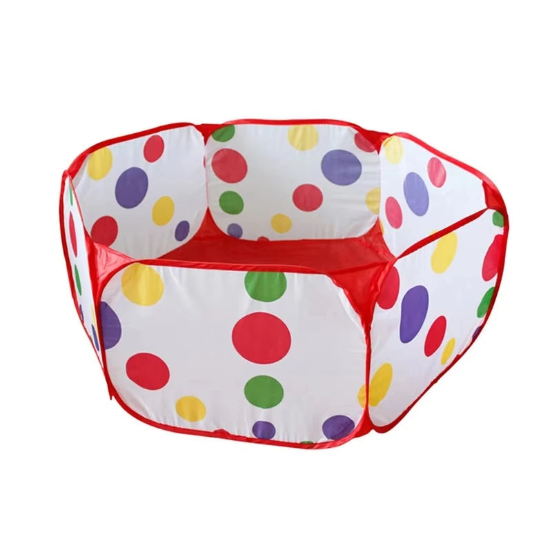 A colorful, foldable kids play tent with a ball pool pit featuring polka dots in red, yellow, purple, and green.