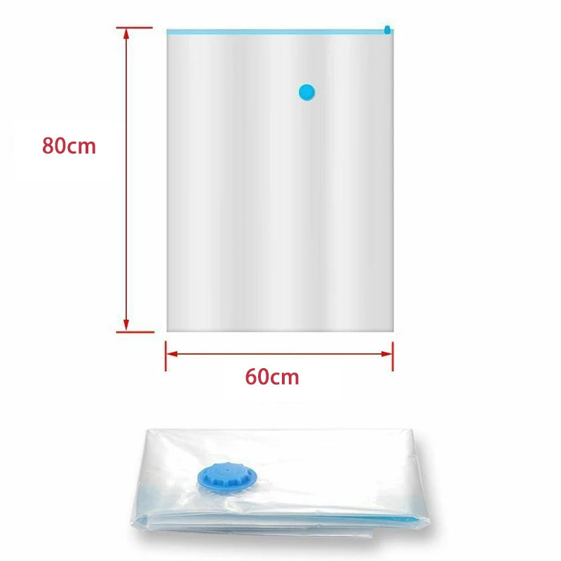 A rectangular vacuum storage bag with a valve, shown next to its dimensions.