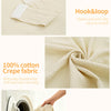 A beige cotton fabric product showing hook and loop fastening, crepe texture, and machine washable details.