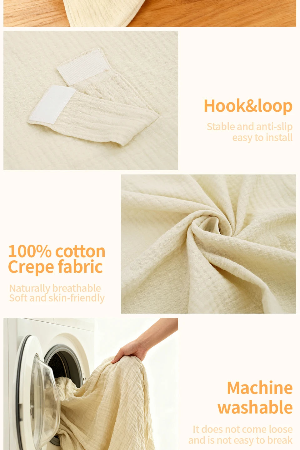 A beige cotton fabric product showing hook and loop fastening, crepe texture, and machine washable details.