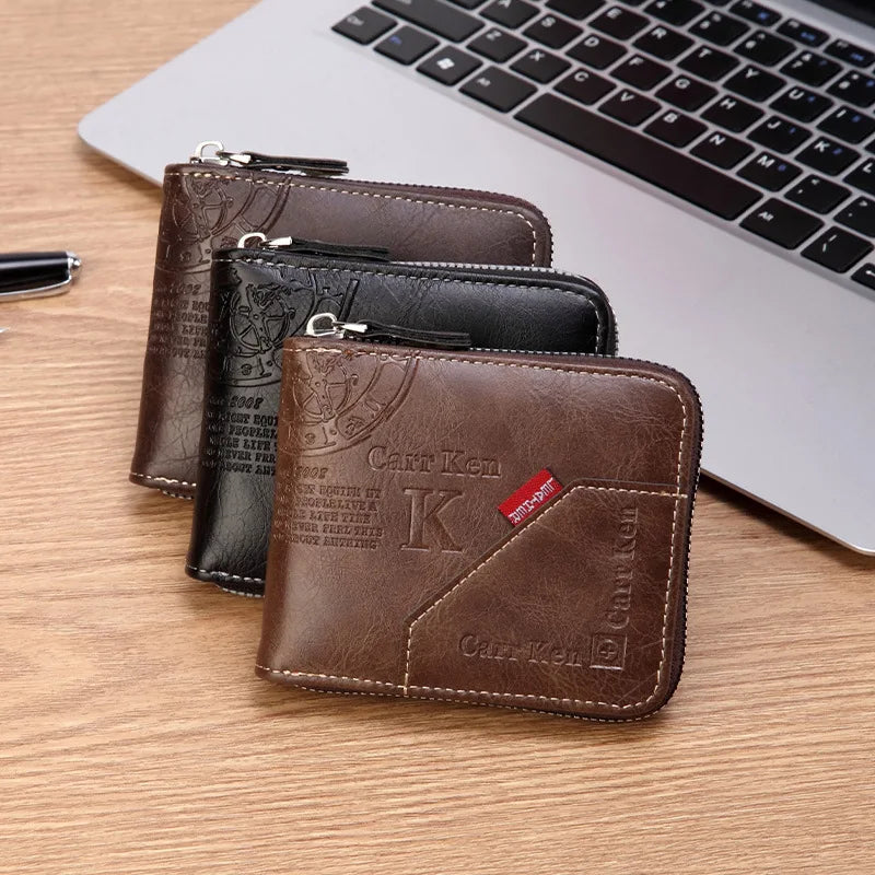 Men's Waxed Leather Bifold Wallet with All-Around Zipper