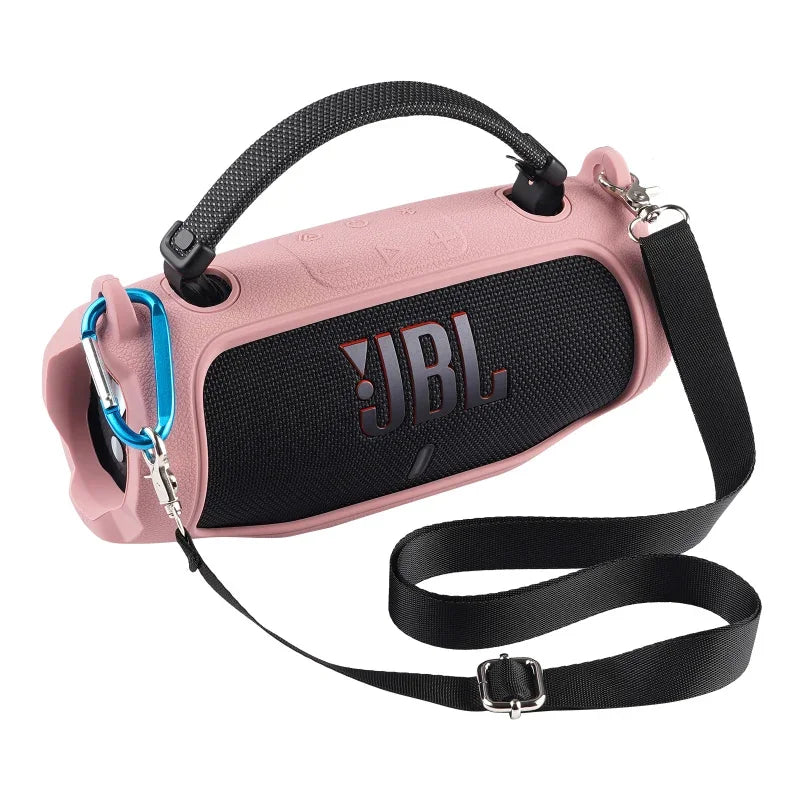 Pink JBL Charge 6 protective case set with hard EVA shell and silicone cover featuring a black strap.
