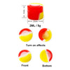 A red silicone travel jar with a yellow lid, showing the top, front, and bottom views of the product.
