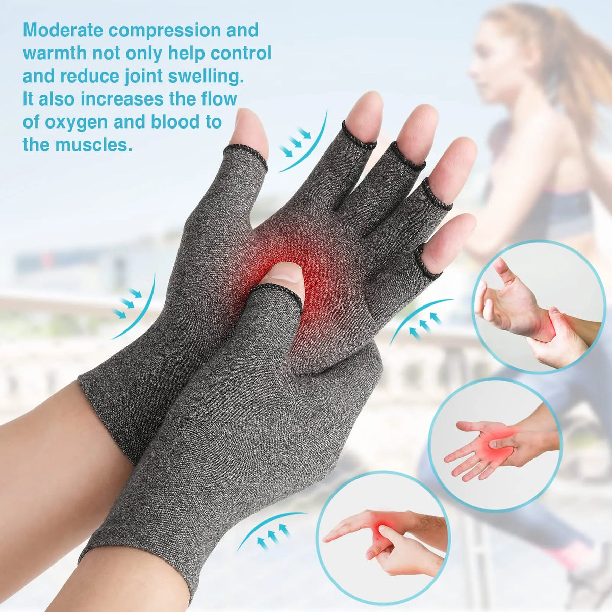 Gray fingerless compression gloves being worn on a hand, showing the application area.