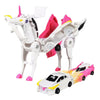 A white unicorn toy transforms into a pink car toy with magnetic collision features.