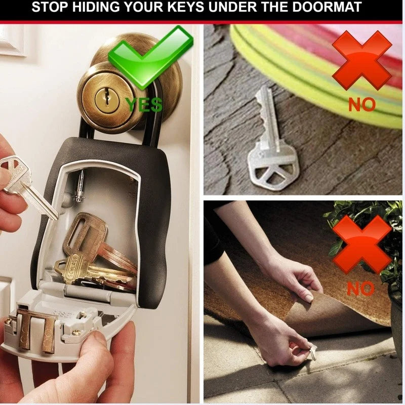 A portable combination key safe is shown with a lock and key, demonstrating its use for securing keys under a doormat.
