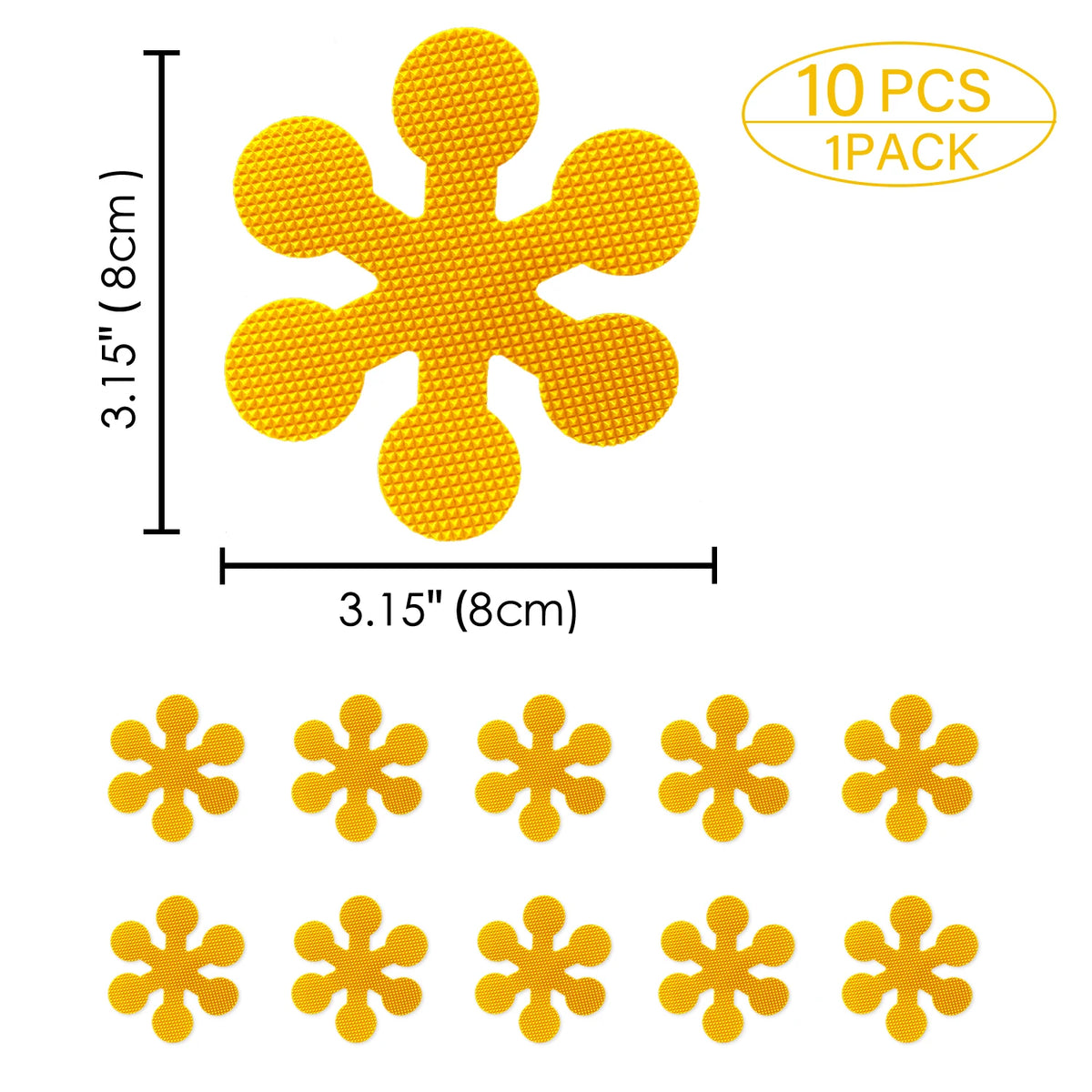 A set of ten yellow snowflake anti-slip shower stickers for bathroom safety.