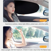 A woman is shown using an electrostatic car window sun shade for UV protection and glare reduction.
