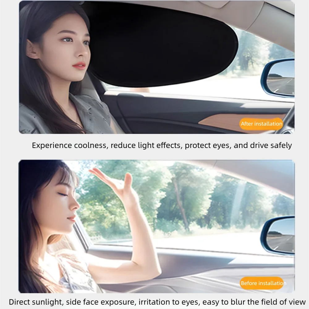 A woman is shown using an electrostatic car window sun shade for UV protection and glare reduction.