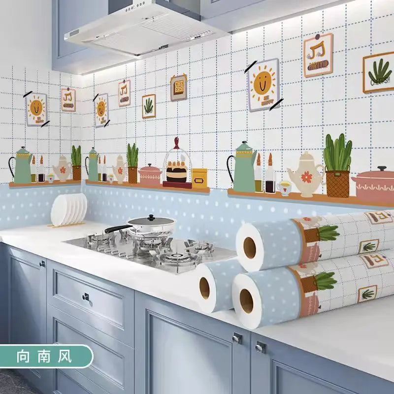 A kitchen splashback featuring a white tiled wall with decorative stickers and wooden shelves, above a light blue countertop.