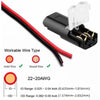 A black wire connector with a white plastic housing and red wires, showing wire types and ID/OD ranges.