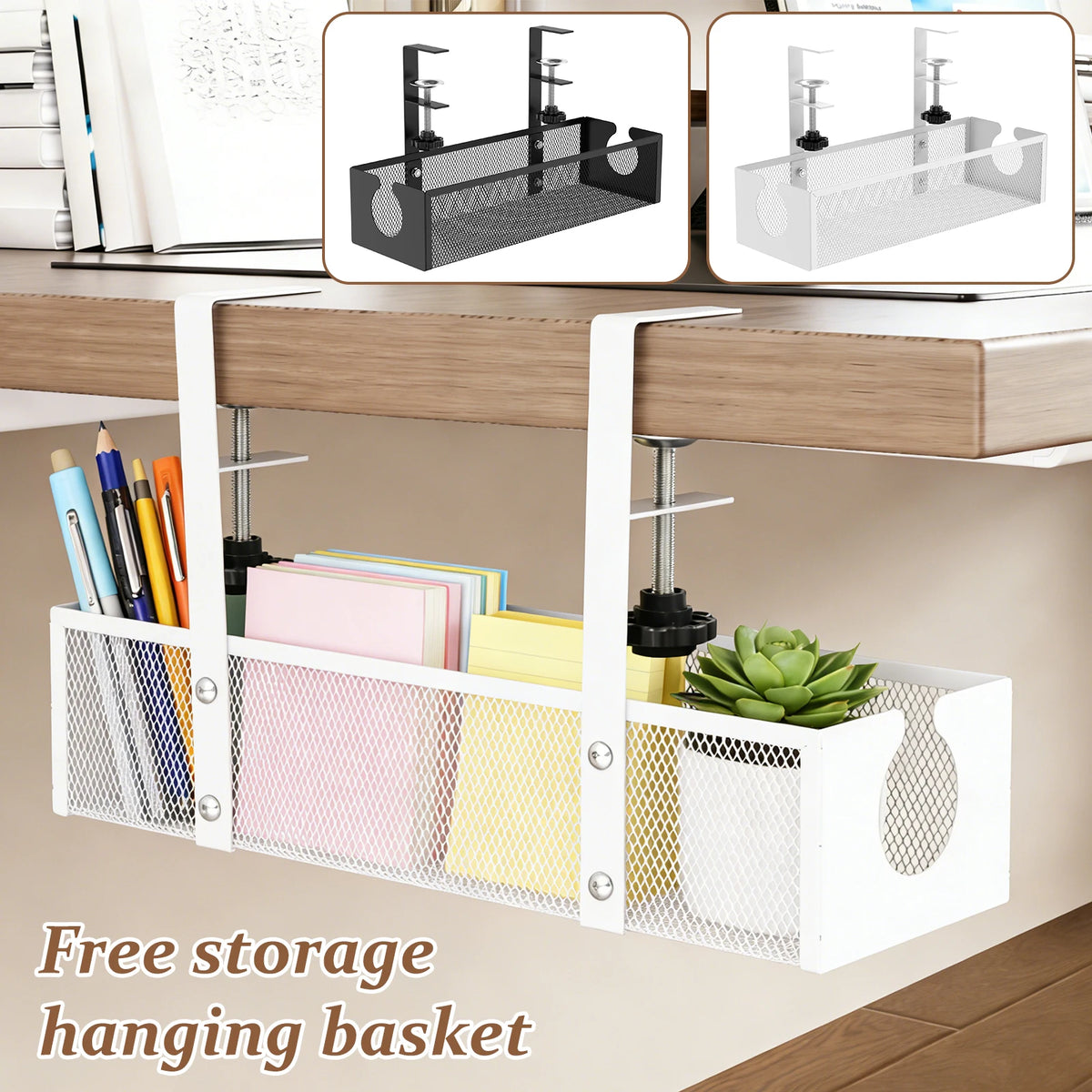 White hanging basket for free storage, featuring multiple mesh compartments for organizing desk supplies.