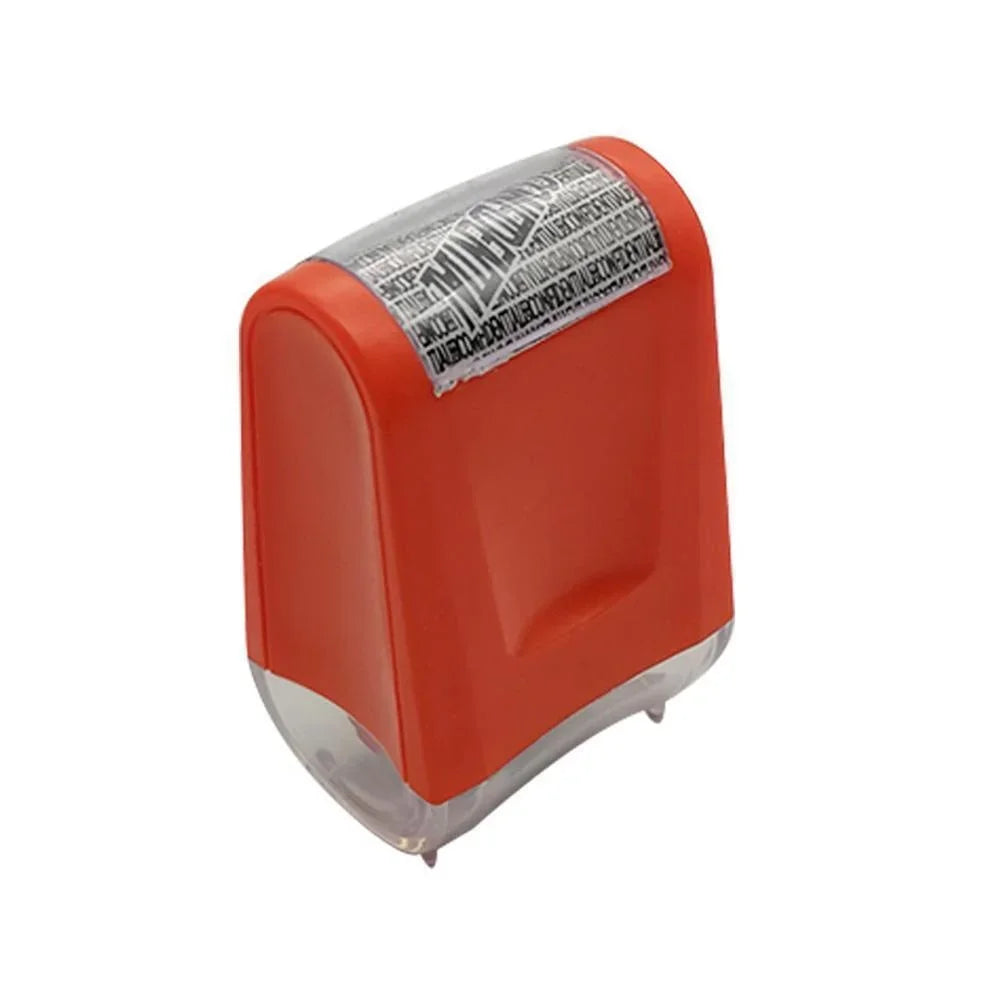 Sello enrollador de protección de privacidad naranja con base de plástico transparente y etiqueta plateada.
