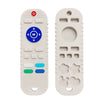 A white silicone baby teether remote control toy with various buttons and a central OK button.