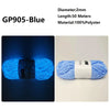 Blue polyester yarn with a glow-in-the-dark feature shown in two views.