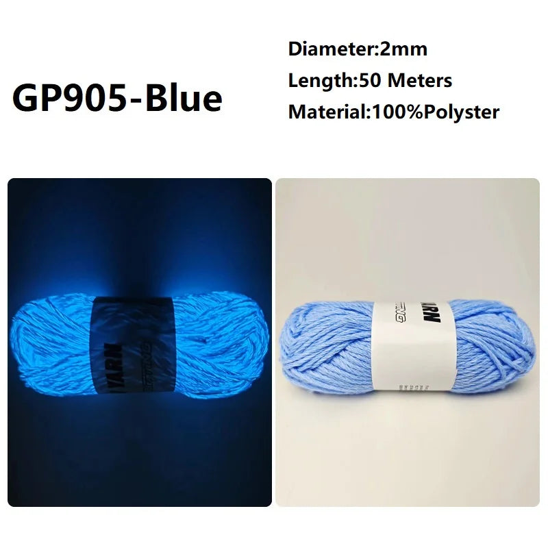 Blue polyester yarn with a glow-in-the-dark feature shown in two views.