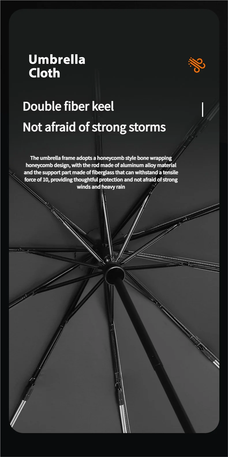A black umbrella with a honeycomb style frame is shown against a dark background.