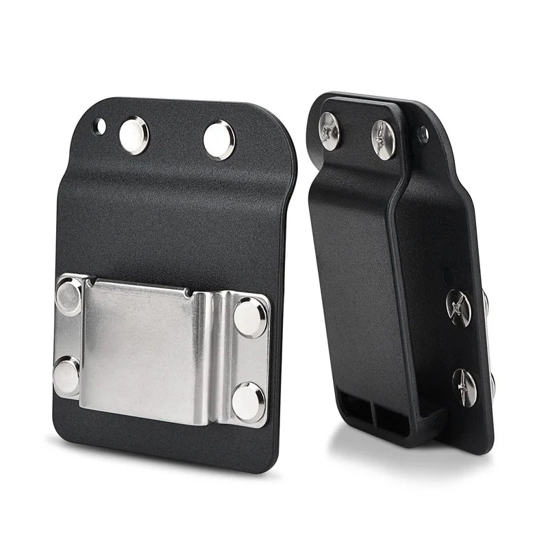 Black clip-on tool belt holster for drills and power tools featuring a metal plate and mounting hardware